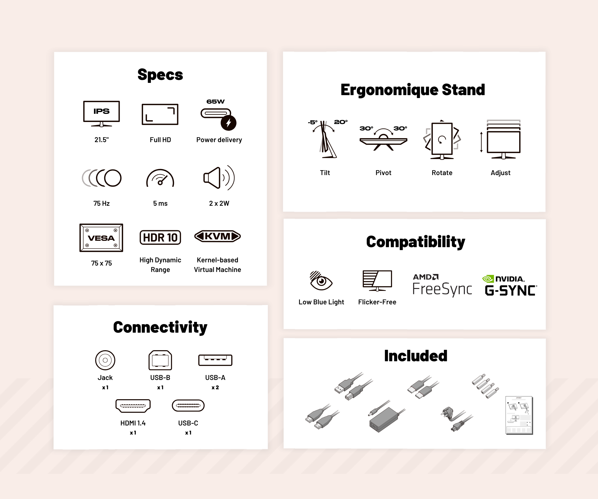 Écran PC Bureautique | 21.5" | FULL HD | USB-C (+ charge 65W)