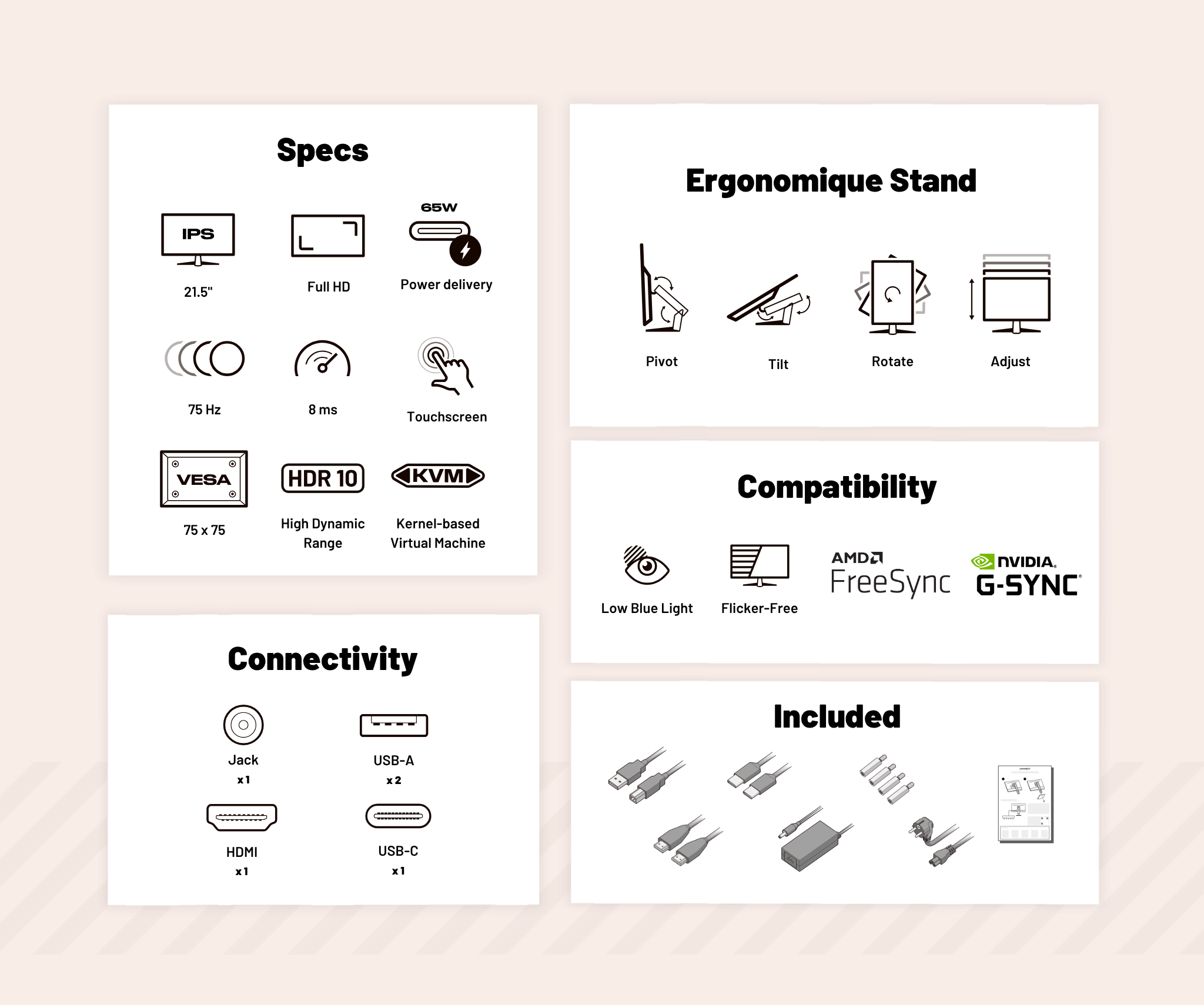 Écran PC Bureautique | 21.5" | FHD | Tactile | KVM | Power Delivery 65W | Pied ergonomique articulé