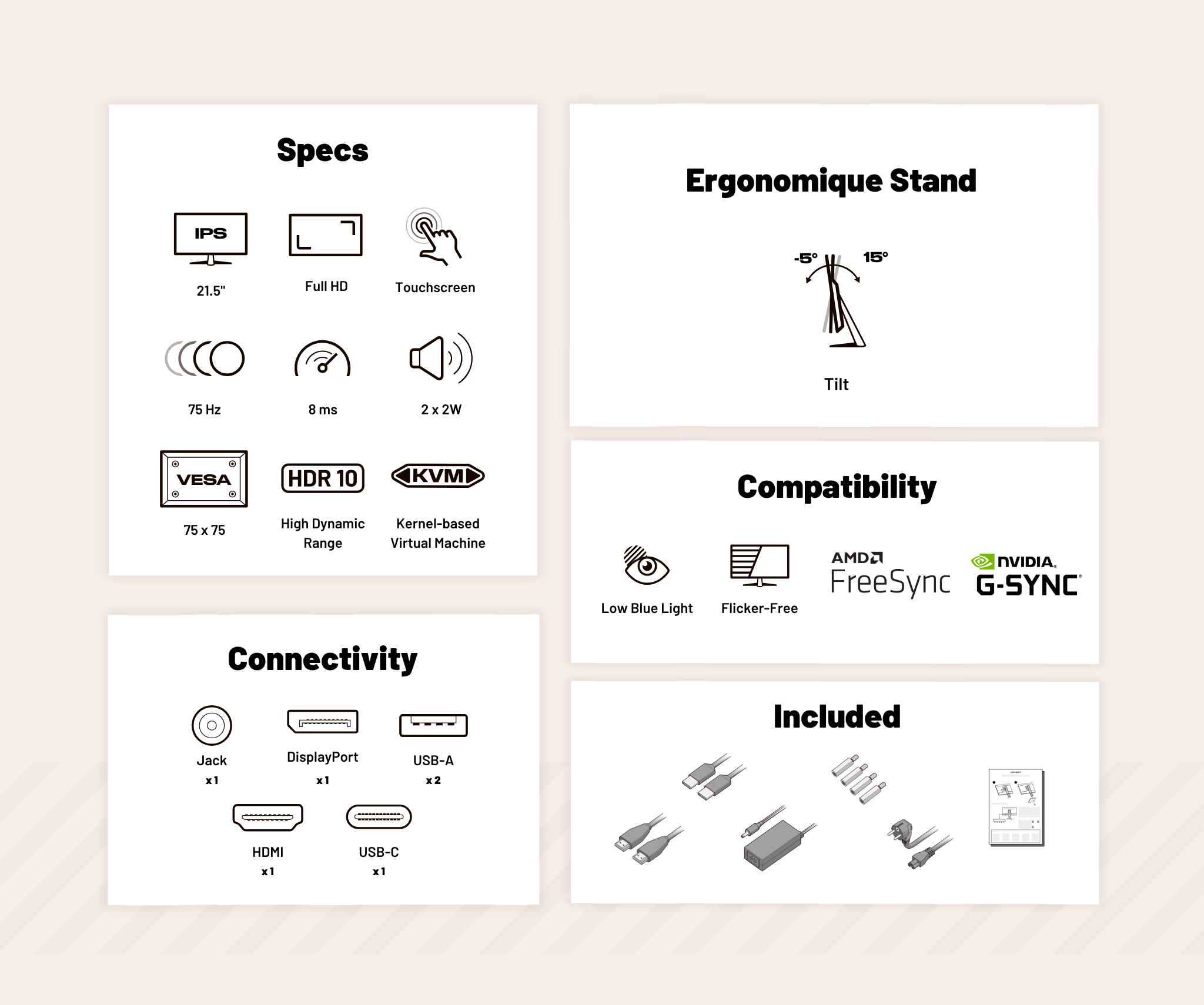 Écran PC Bureautique | 21,5" | FHD | Tactile | Hub USB | KVM