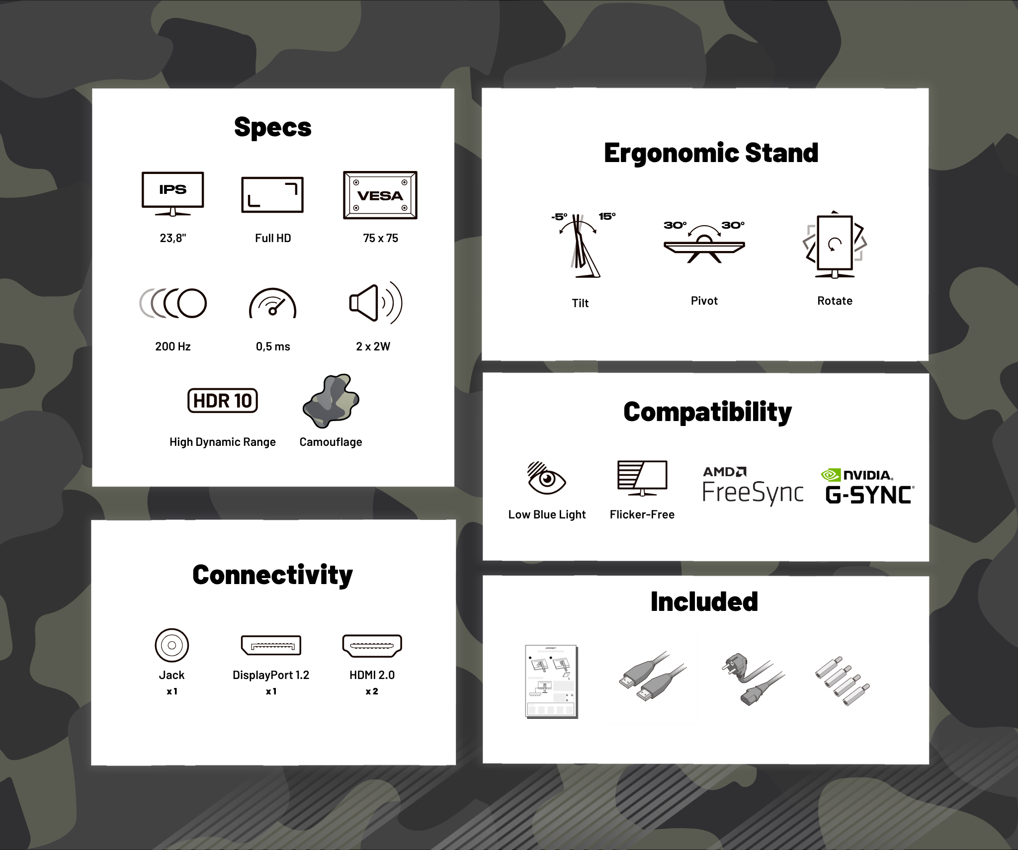 Écran PC Gaming | 23,8" | IPS | FHD | 200Hz | HSP | Finition Camouflage