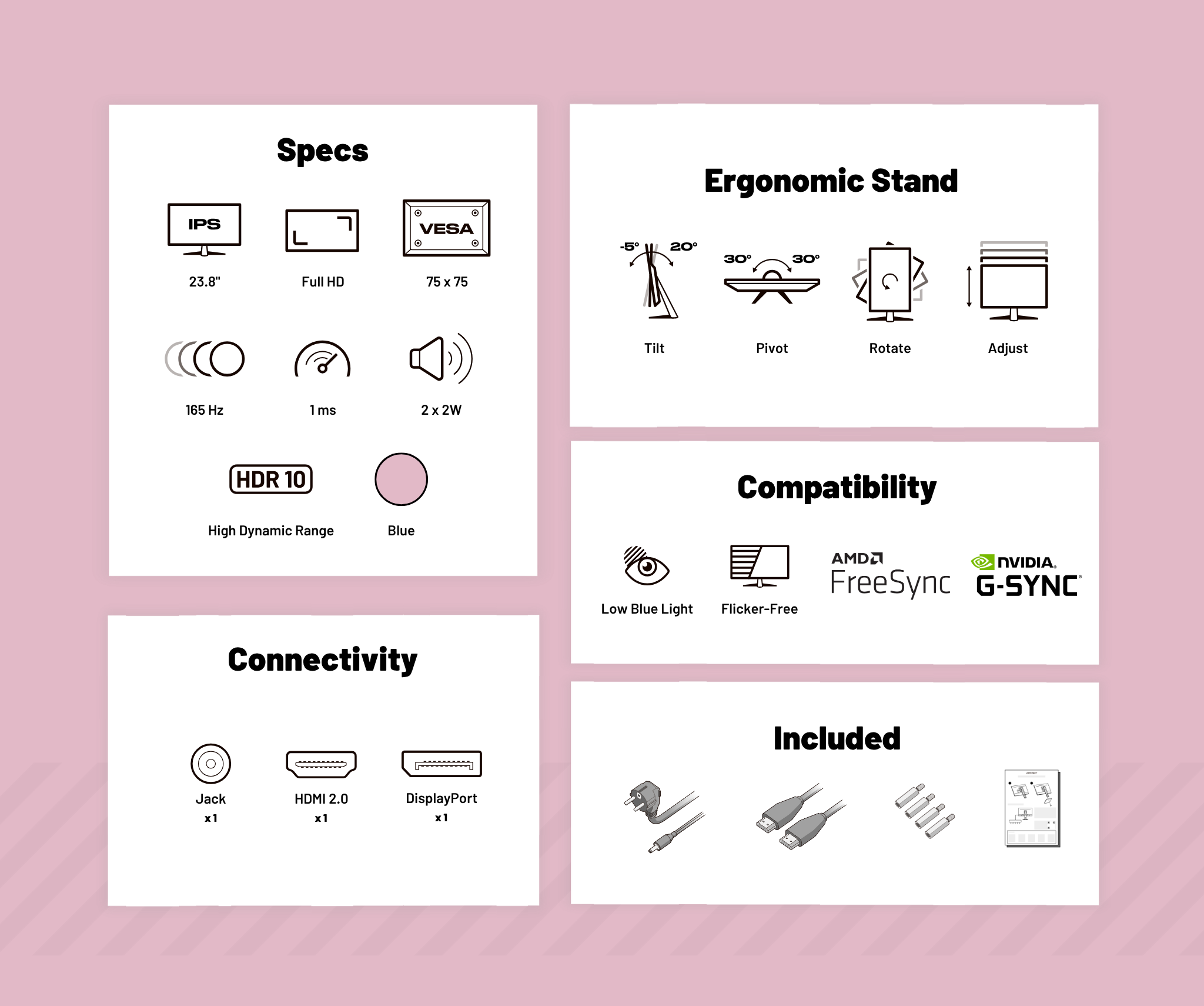 Gaming/deskwork monitor | 23.8" | IPS | FHD | 165Hz | Pastel pink