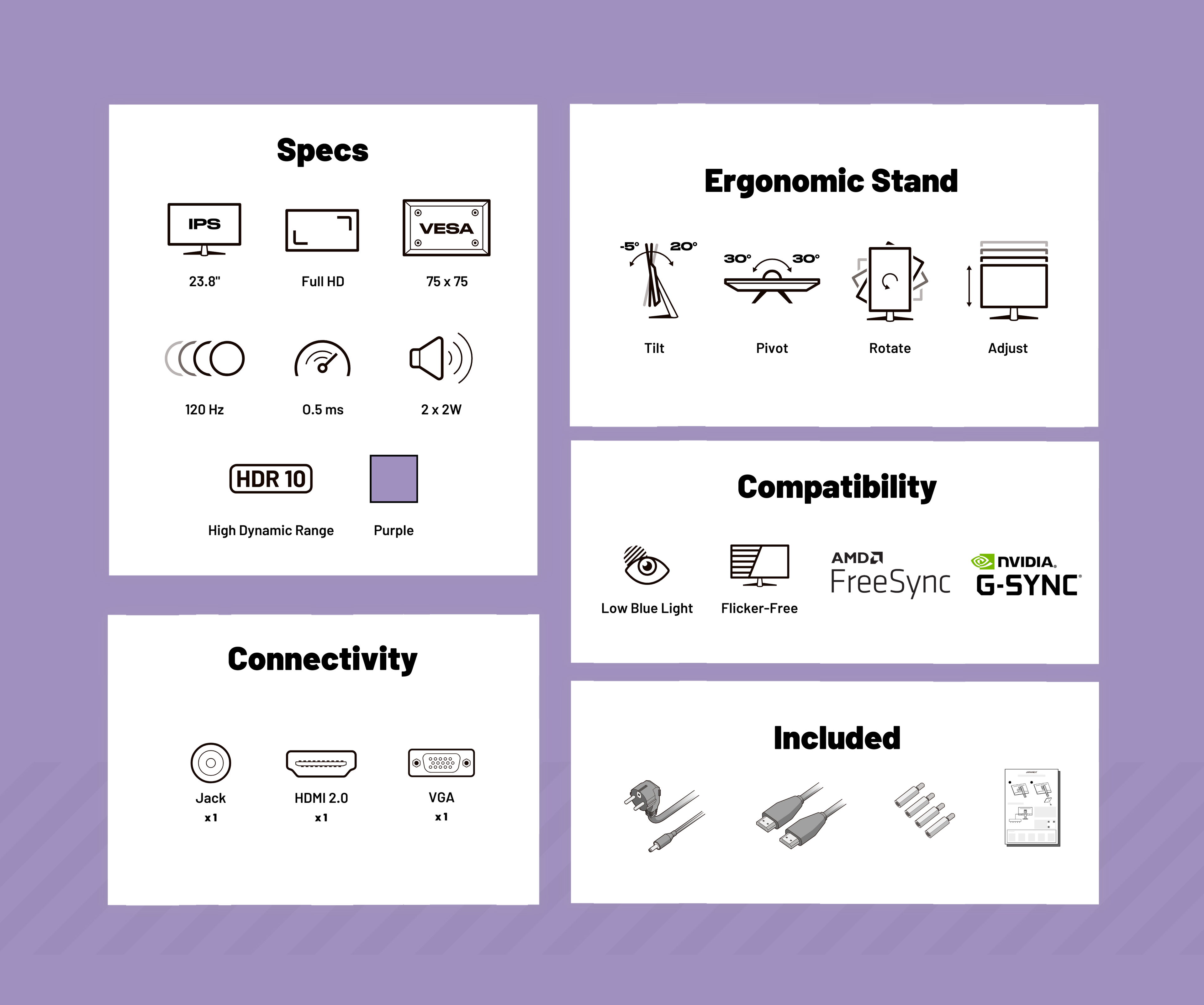 Gaming/Deskwork Monitor | 23.8" | IPS | FHD | 120Hz | Pastel Purple