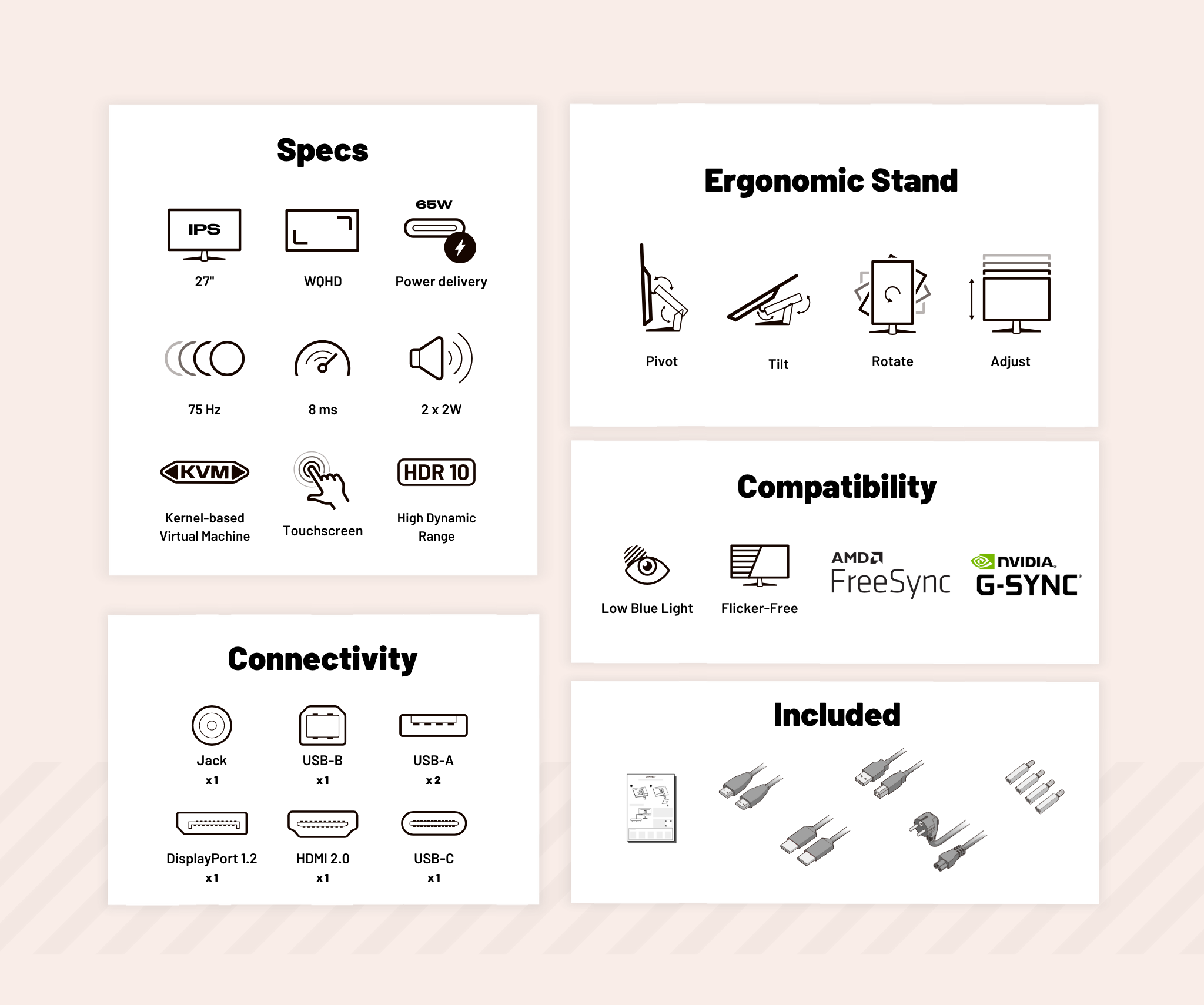 Écran PC Bureautique | 27" | WQHD | Tactile | Power Delivery 65W | KVM | Blanc