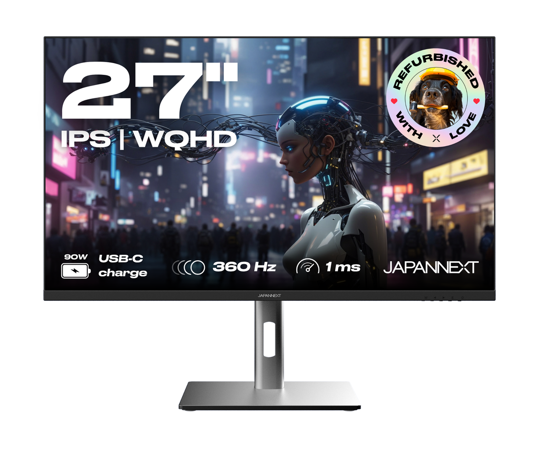 Écran PC gaming Japannext 27 pouces 2K WQHD IPS 360 Hz reconditionné, noir sur pied argenté, USB-C 90 W