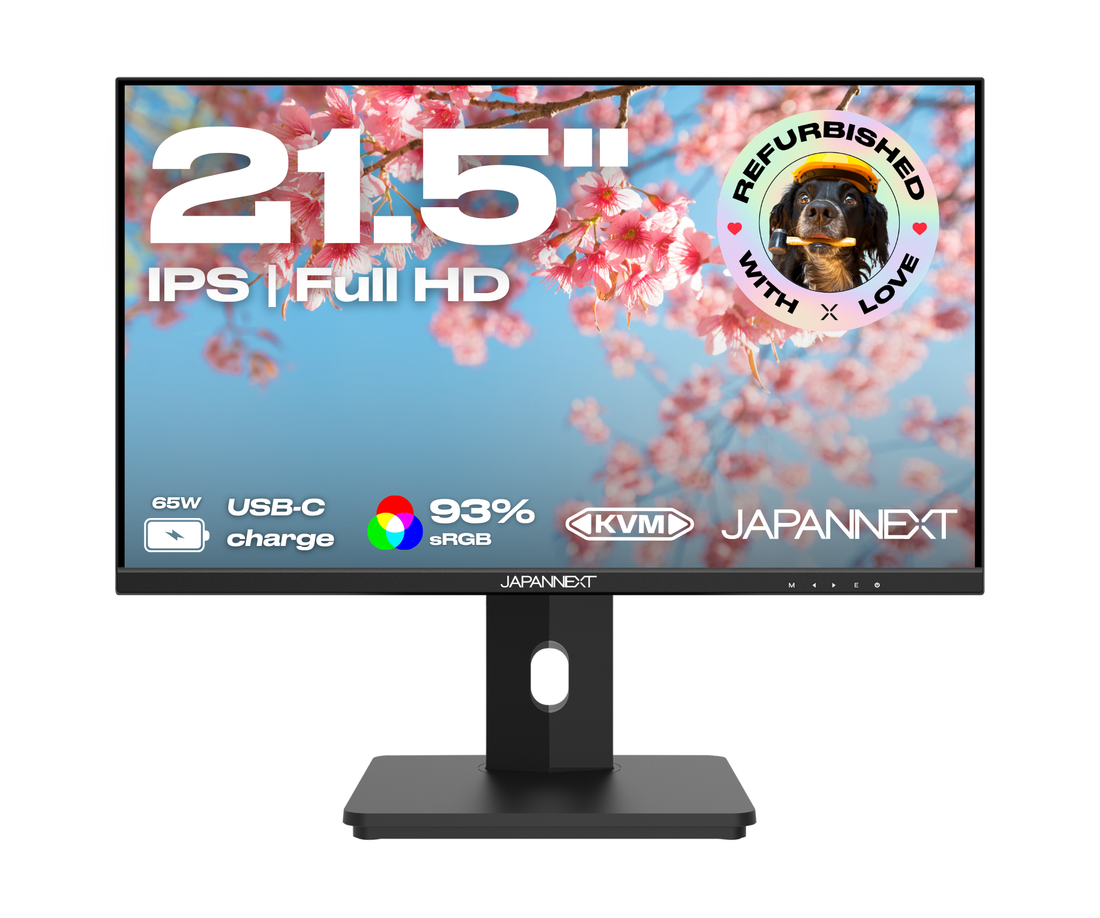 Écran PC bureautique Japannext 21,5 pouces Full HD IPS reconditionné, noir sur pied réglable, USB-C 65 W et KVM