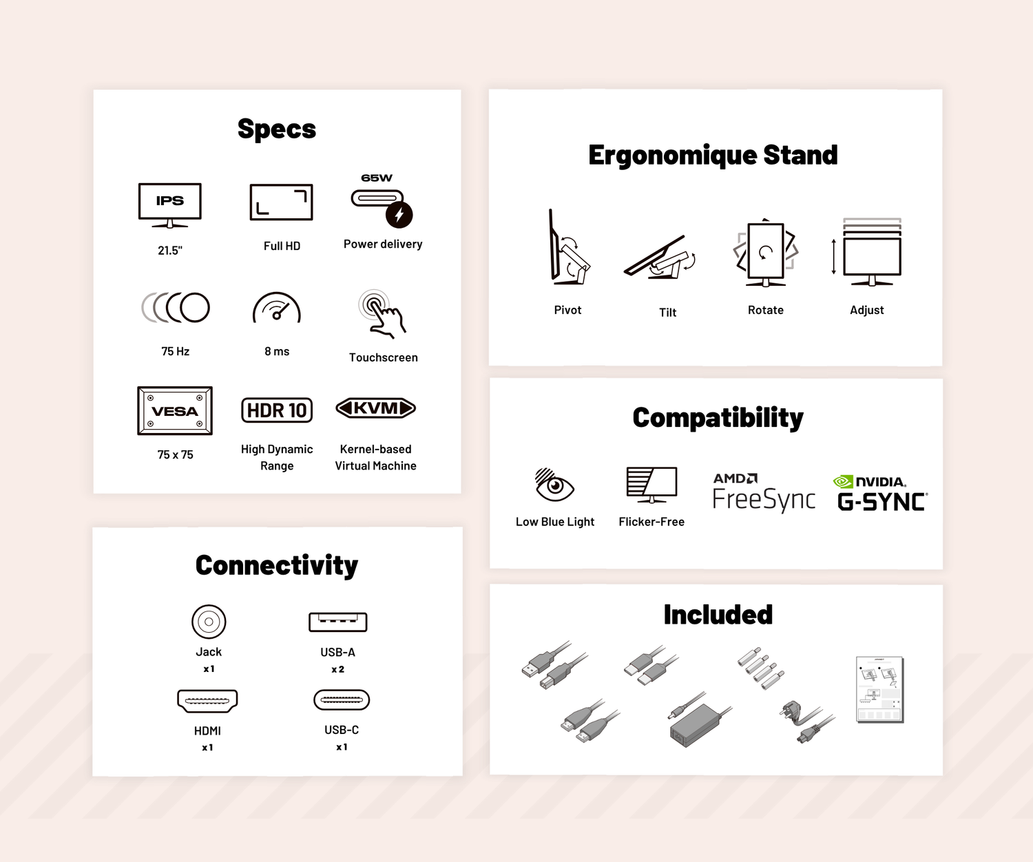 Écran PC Bureautique | 21.5&quot; | FHD | Tactile | KVM | Power Delivery 65W | Pied ergonomique articulé