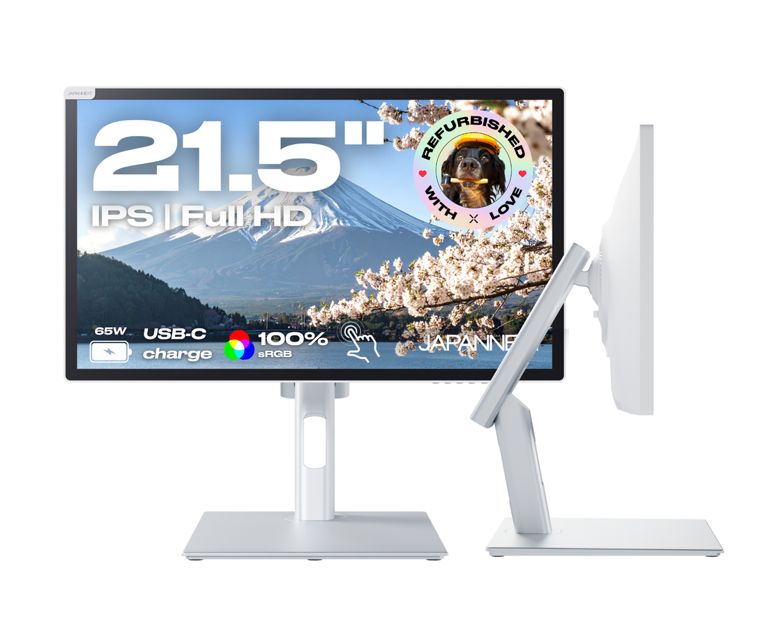 Écran PC bureautique tactile Japannext 21,5 pouces Full HD IPS reconditionné, blanc, vu de face et de profil sur pied articulé