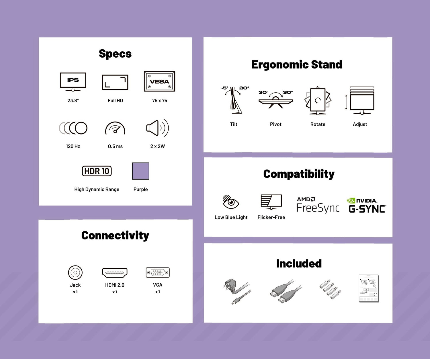 Gaming/Deskwork Monitor | 23.8" | IPS | FHD | 120Hz | Pastel Purple