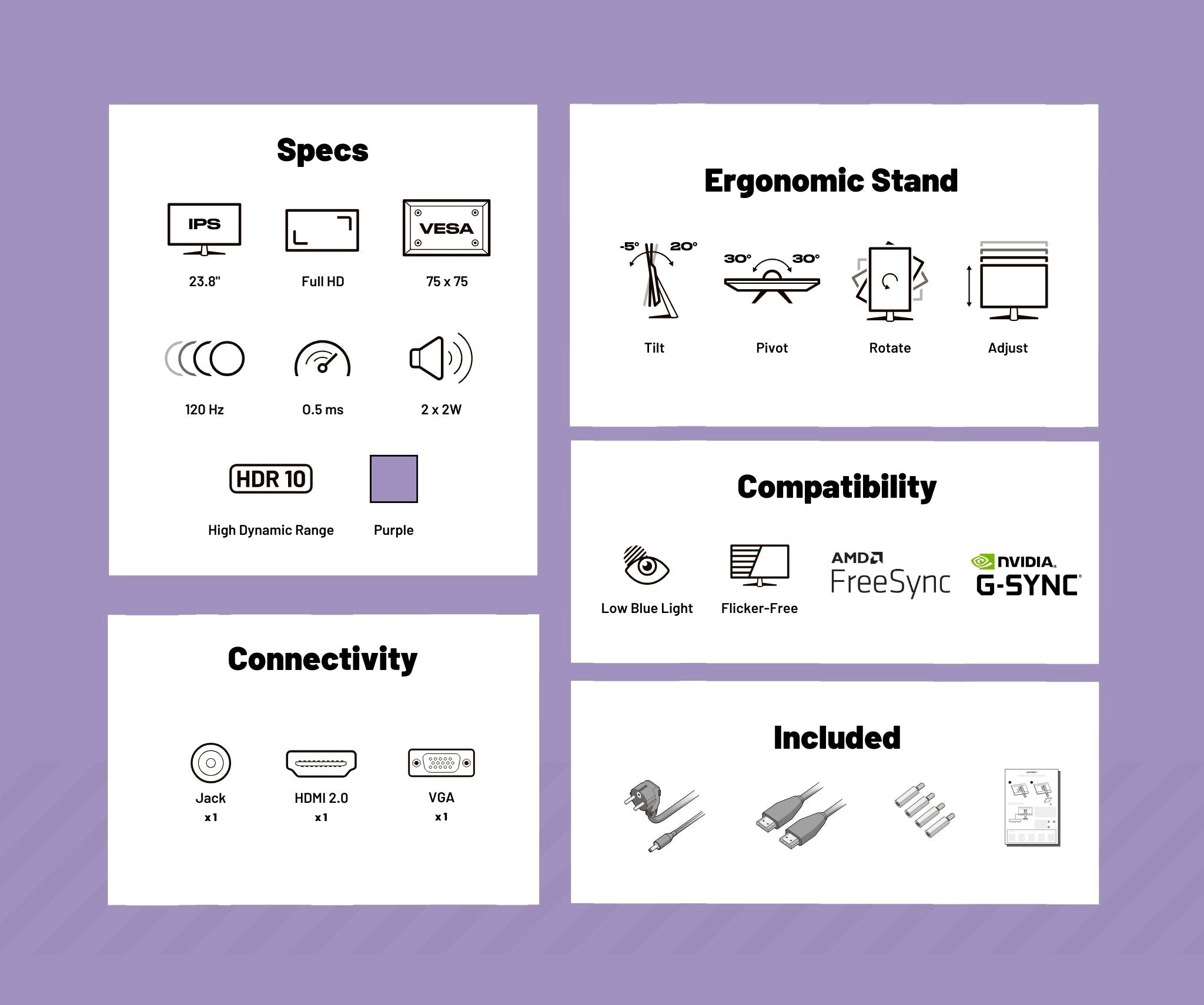 Gaming/Deskwork Monitor | 23.8" | IPS | FHD | 120Hz | Pastel Purple