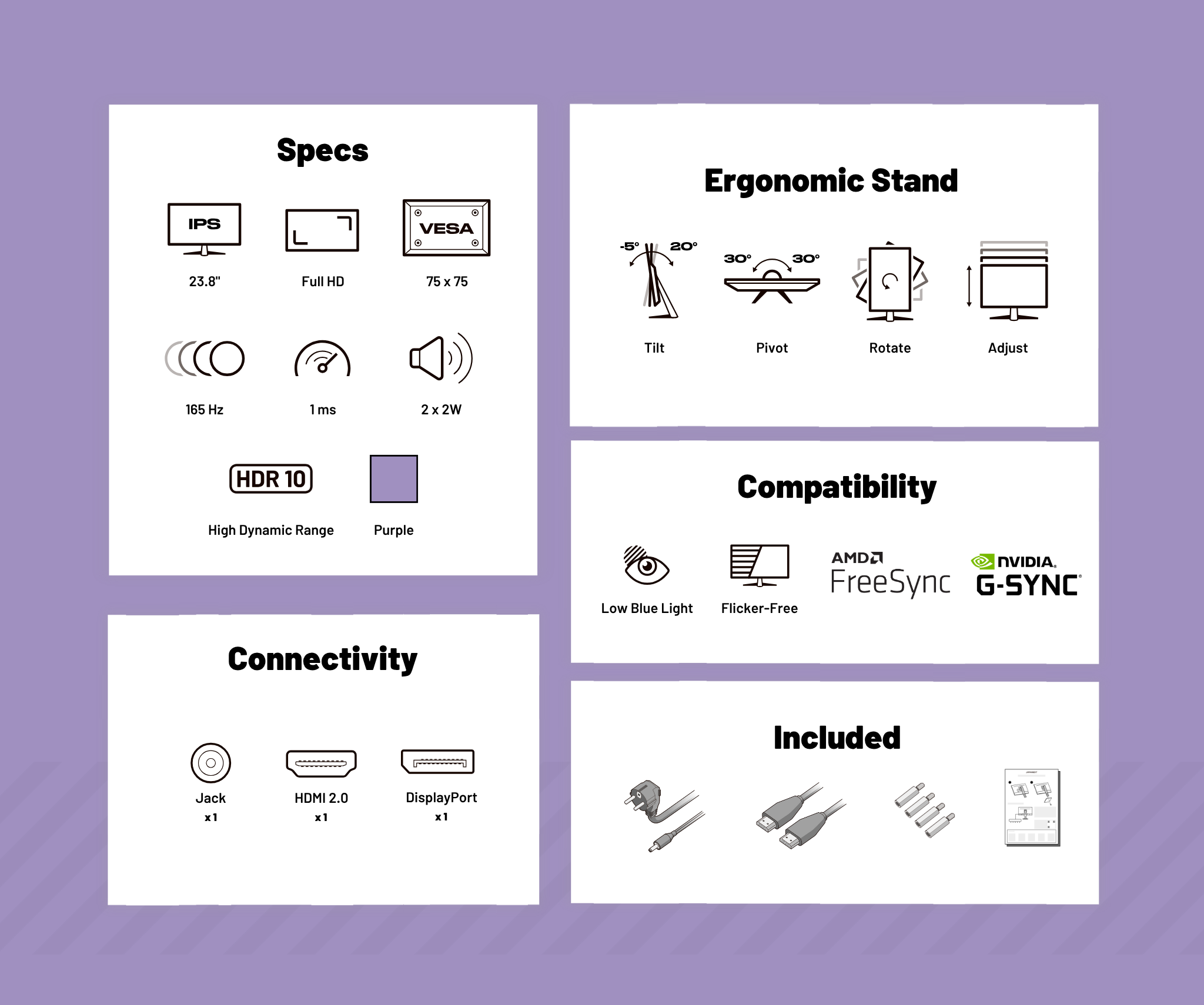 Gaming/Deskwork Monitor | 23.8" | IPS | Full HD | 165Hz | Pastel Purple