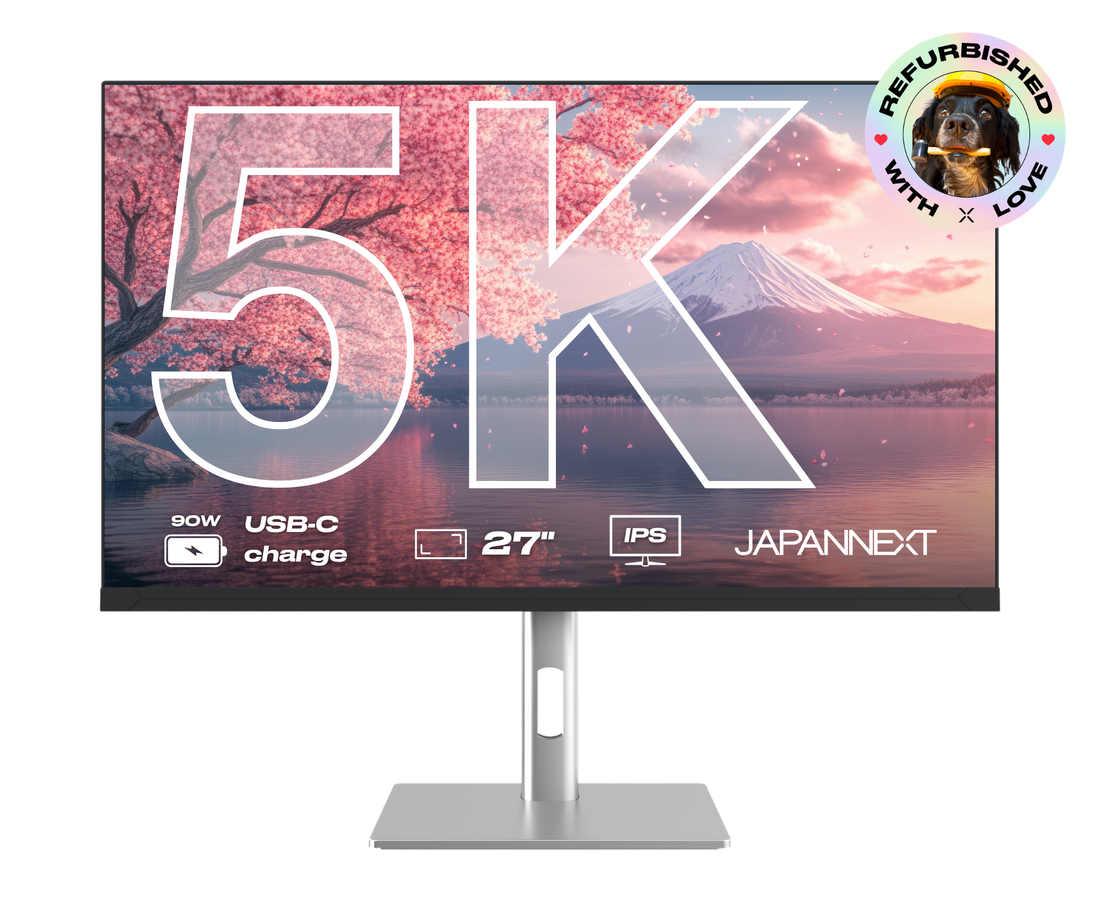 Écran PC bureautique Japannext 27 pouces 5K IPS reconditionné, noir sur pied argenté, USB-C 90 W