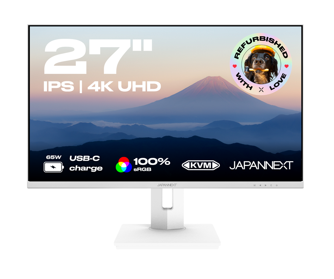 Écran PC bureautique Japannext 27 pouces 4K UHD IPS reconditionné, blanc sur pied réglable, USB-C 65 W et KVM
