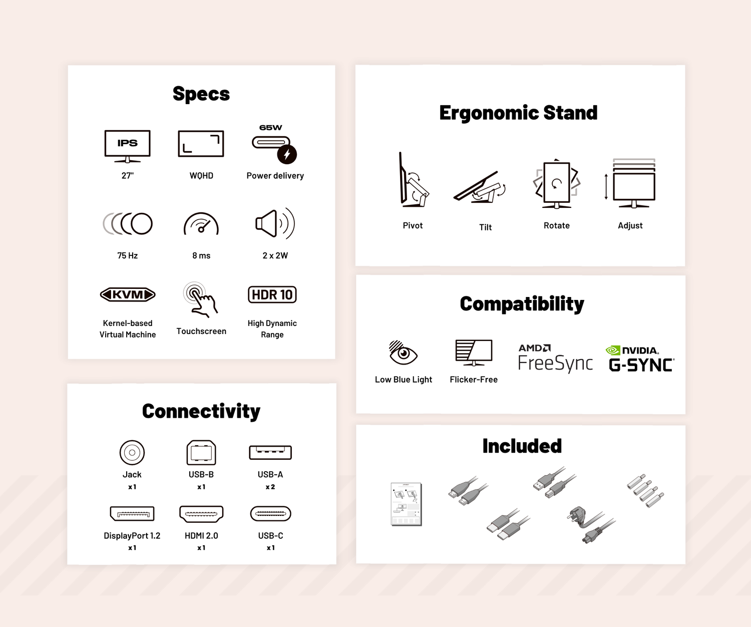 Écran PC Bureautique | 27&quot; | WQHD | Tactile | Power Delivery 65W | KVM | Blanc