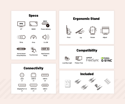 Écran PC Bureautique | 27&quot; | WQHD | Tactile | Power Delivery 65W | KVM | Blanc