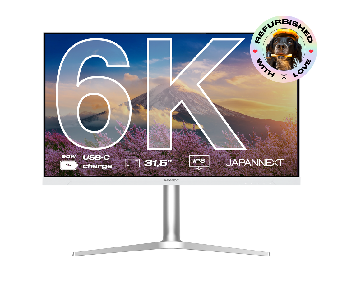 Écran PC bureautique Japannext 31,5 pouces 6K IPS reconditionné, blanc sur pied argenté, USB-C 90 W