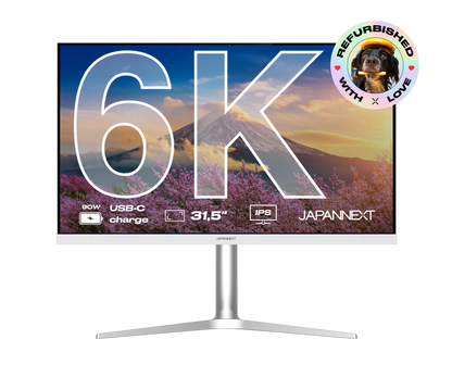 Écran PC bureautique Japannext 31,5 pouces 6K IPS reconditionné, blanc sur pied argenté, USB-C 90 W
