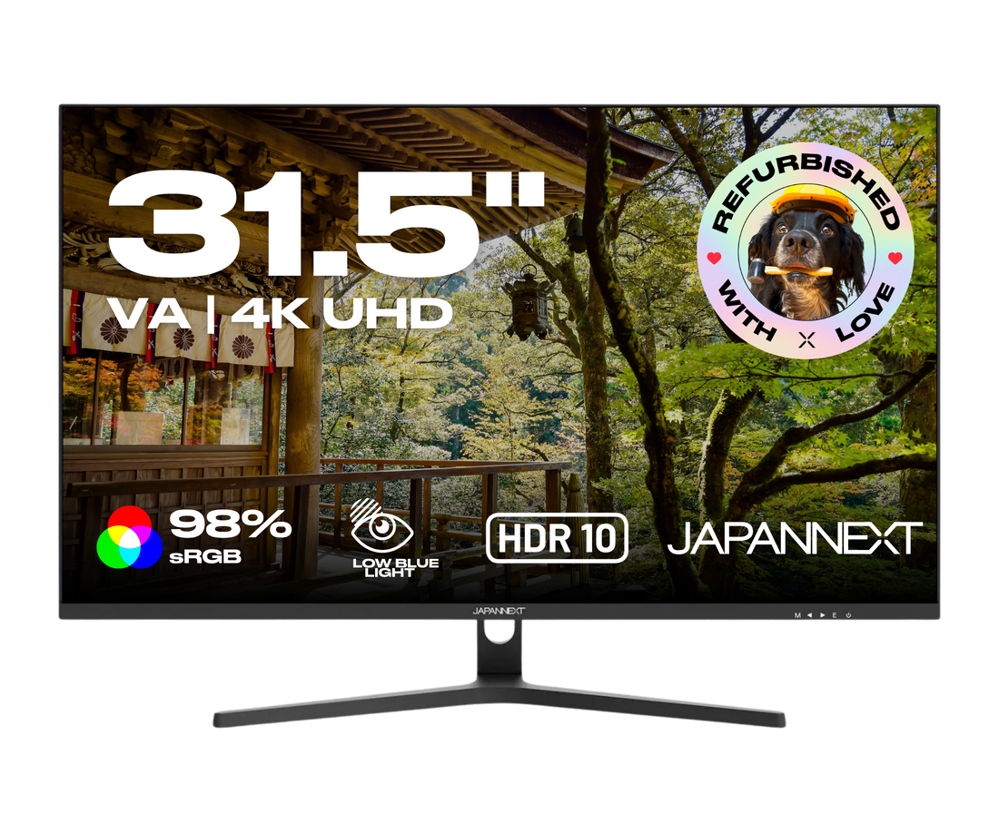Écran PC bureautique Japannext 31,5 pouces 4K UHD dalle VA reconditionné, noir sur pied en V, HDR10