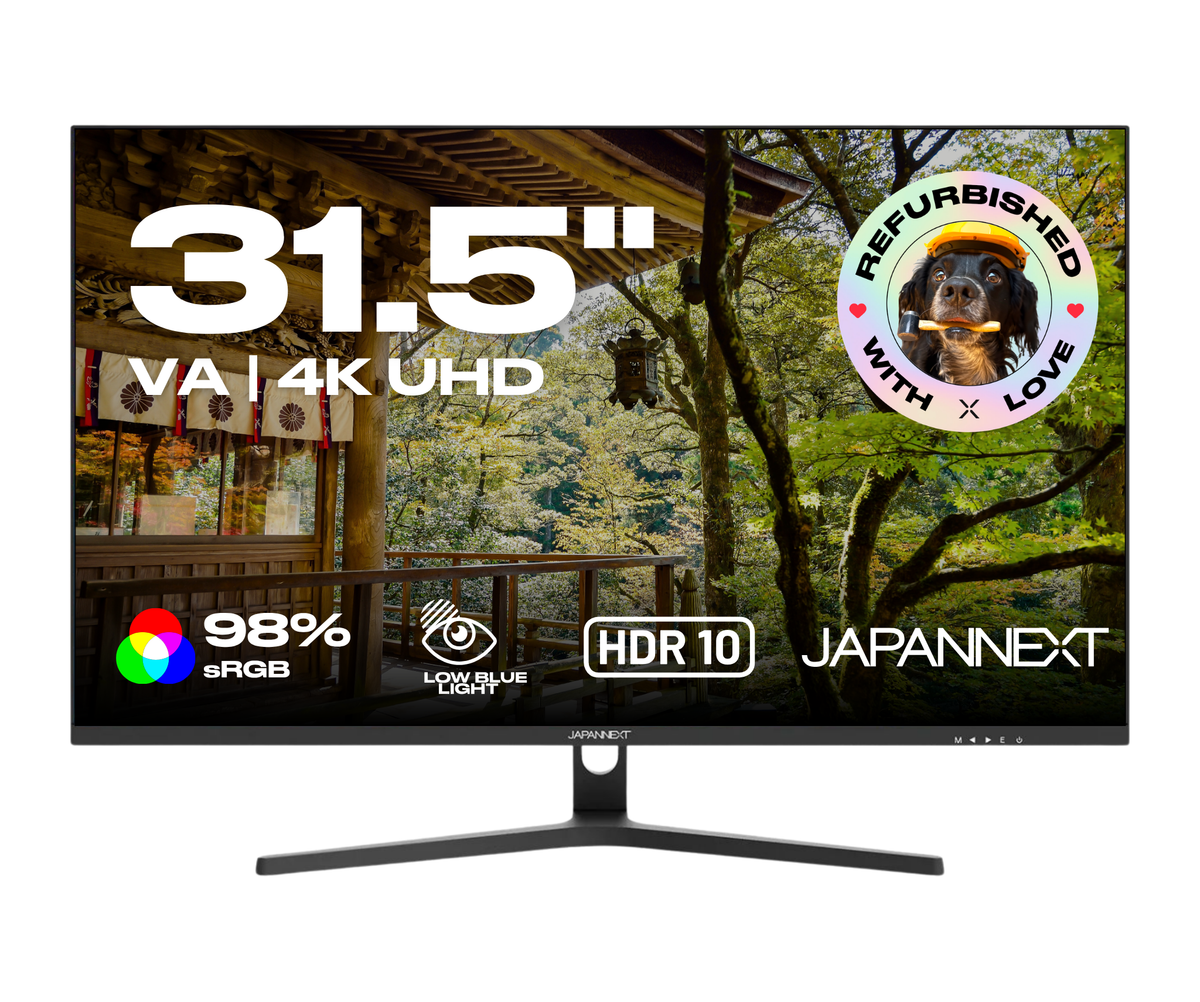 Écran PC bureautique Japannext 31,5 pouces 4K UHD dalle VA reconditionné, noir sur pied en V, HDR10
